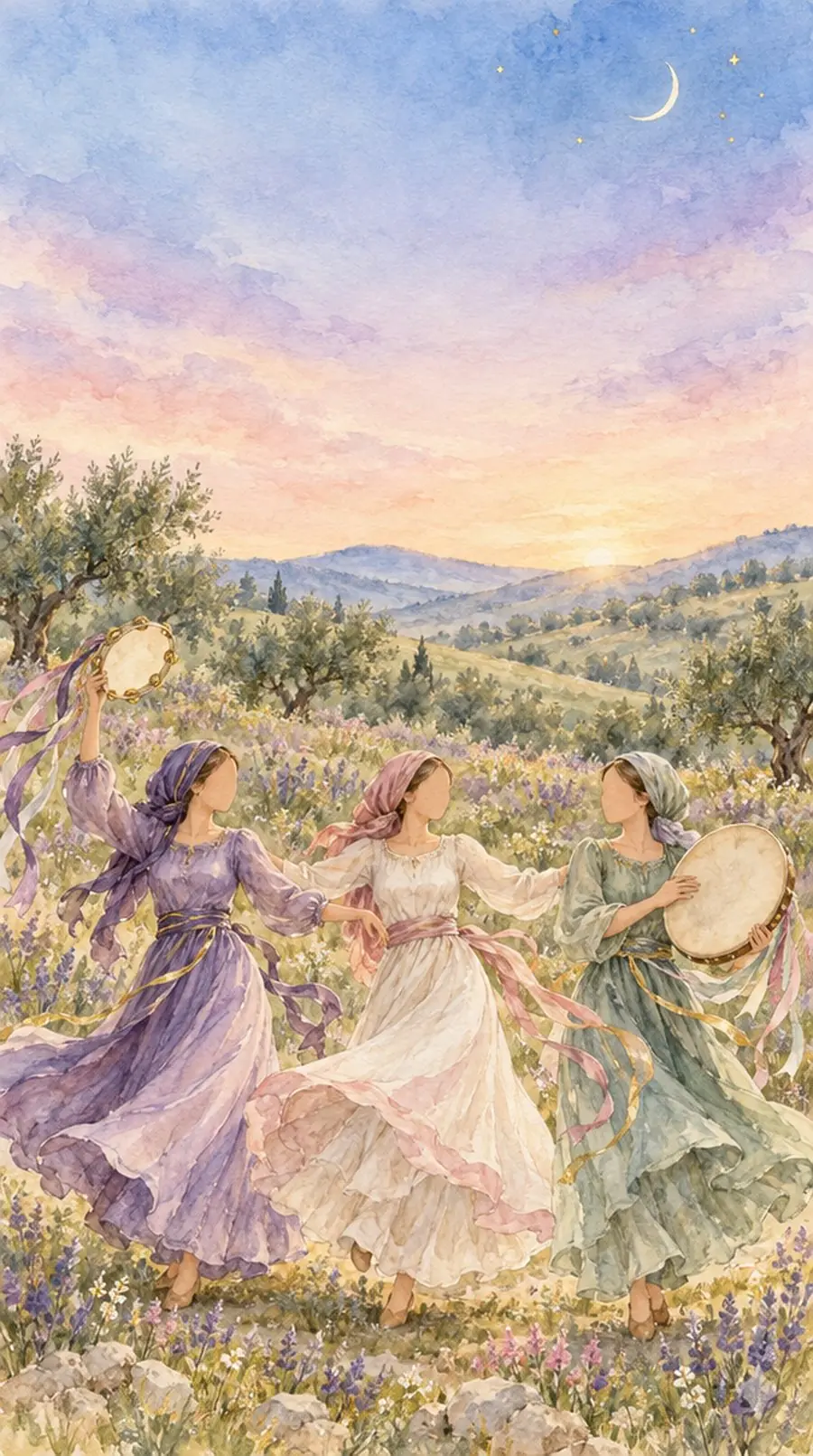 Watercolor of women dancing with tambourines and drums under a new crescent moon